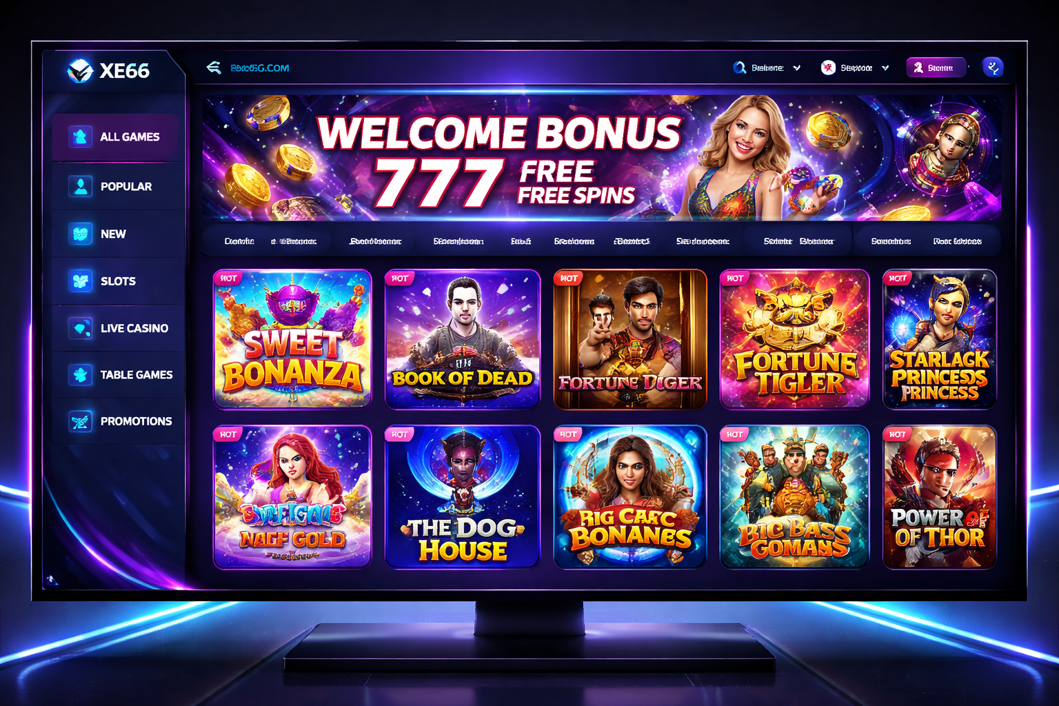 XE66 COM slot game thumbnails and popular titles